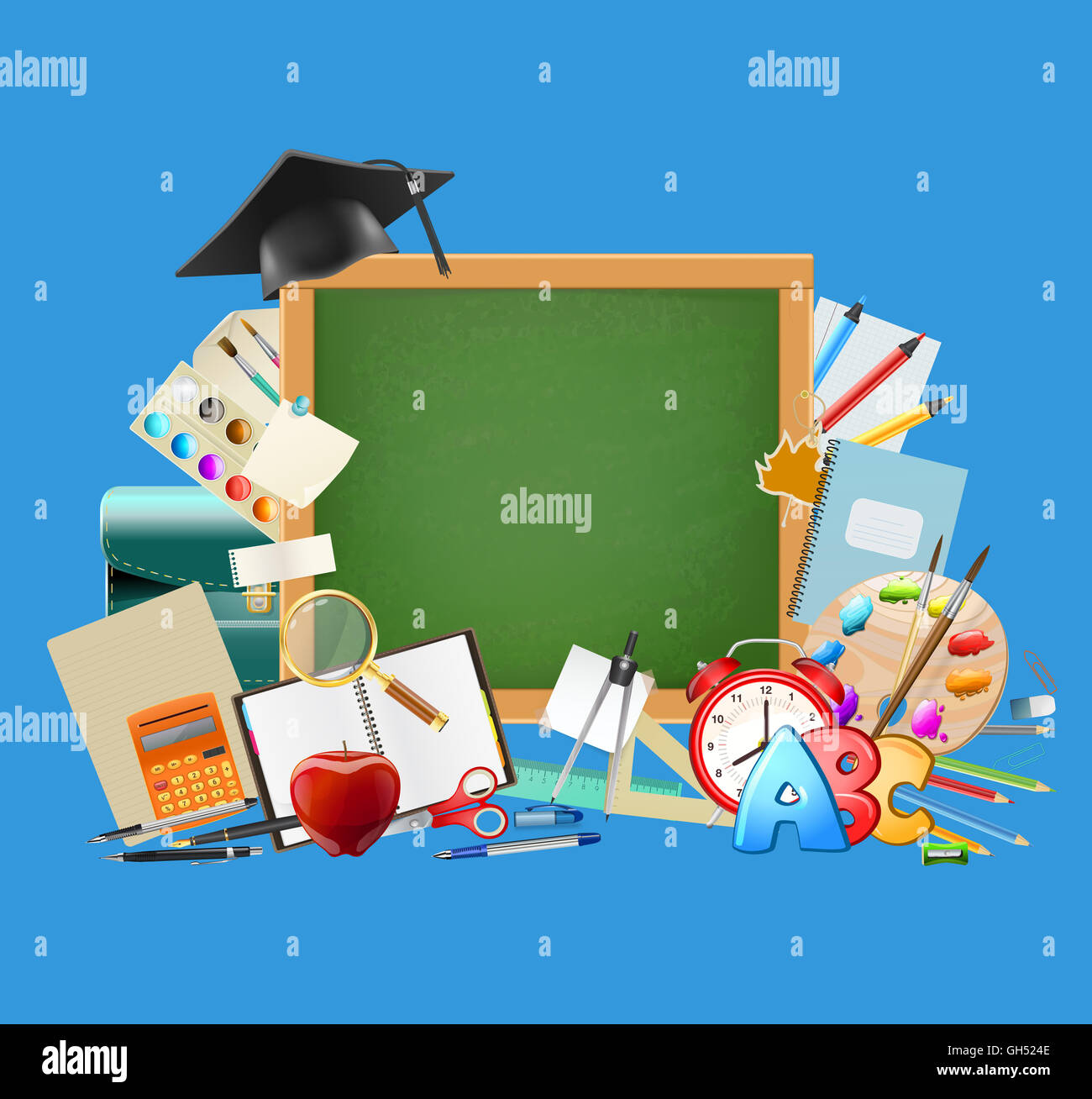 Back to school blue background with chalkboard, graduation cap, school supplies, education workplace accessories Stock Photo