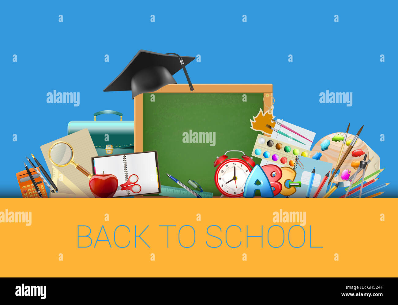 Back to school blue background with chalkboard, graduation cap, supplies, education workplace accessories Stock Photo