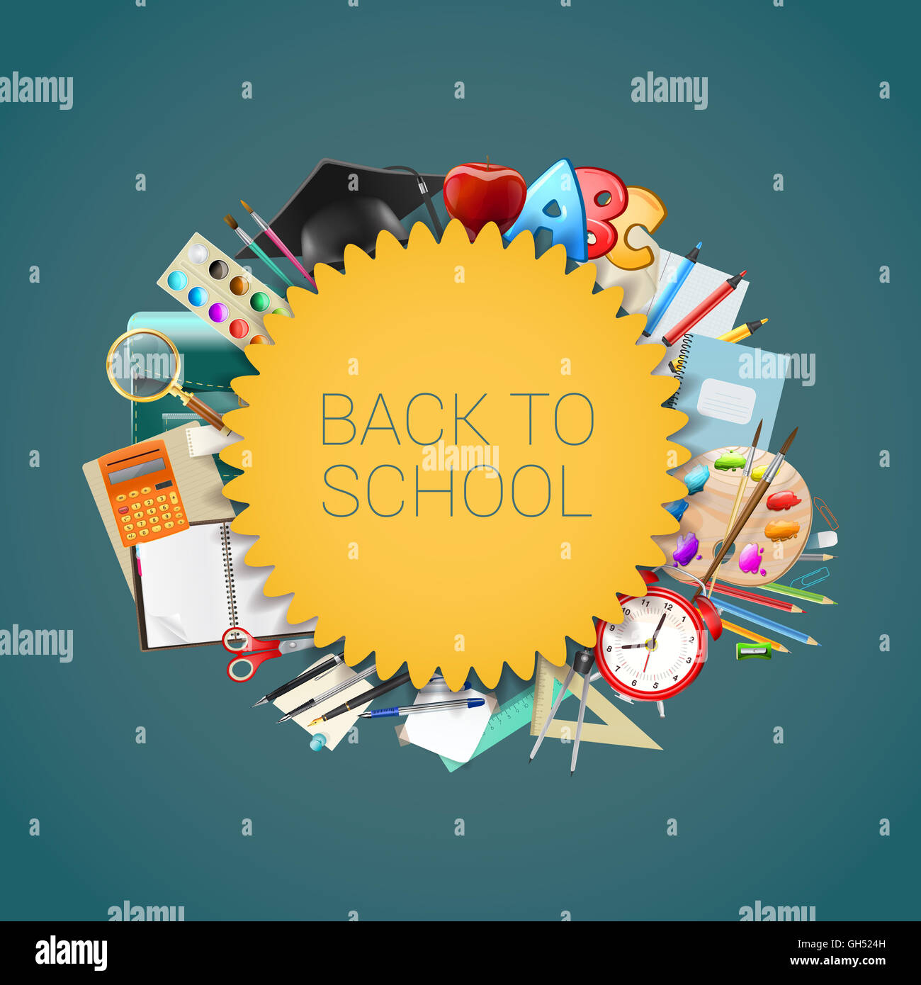 Back to school background with school supplies, education workplace accessories Stock Photo