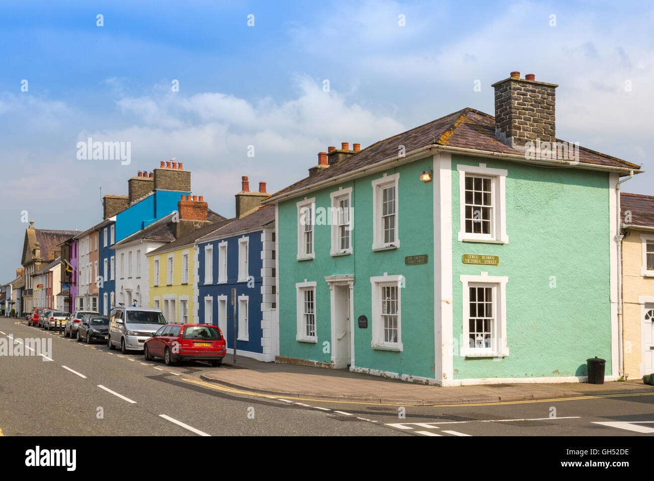 Colourful terraces of houses on Market Street in Aberaeron, Ceredigion
