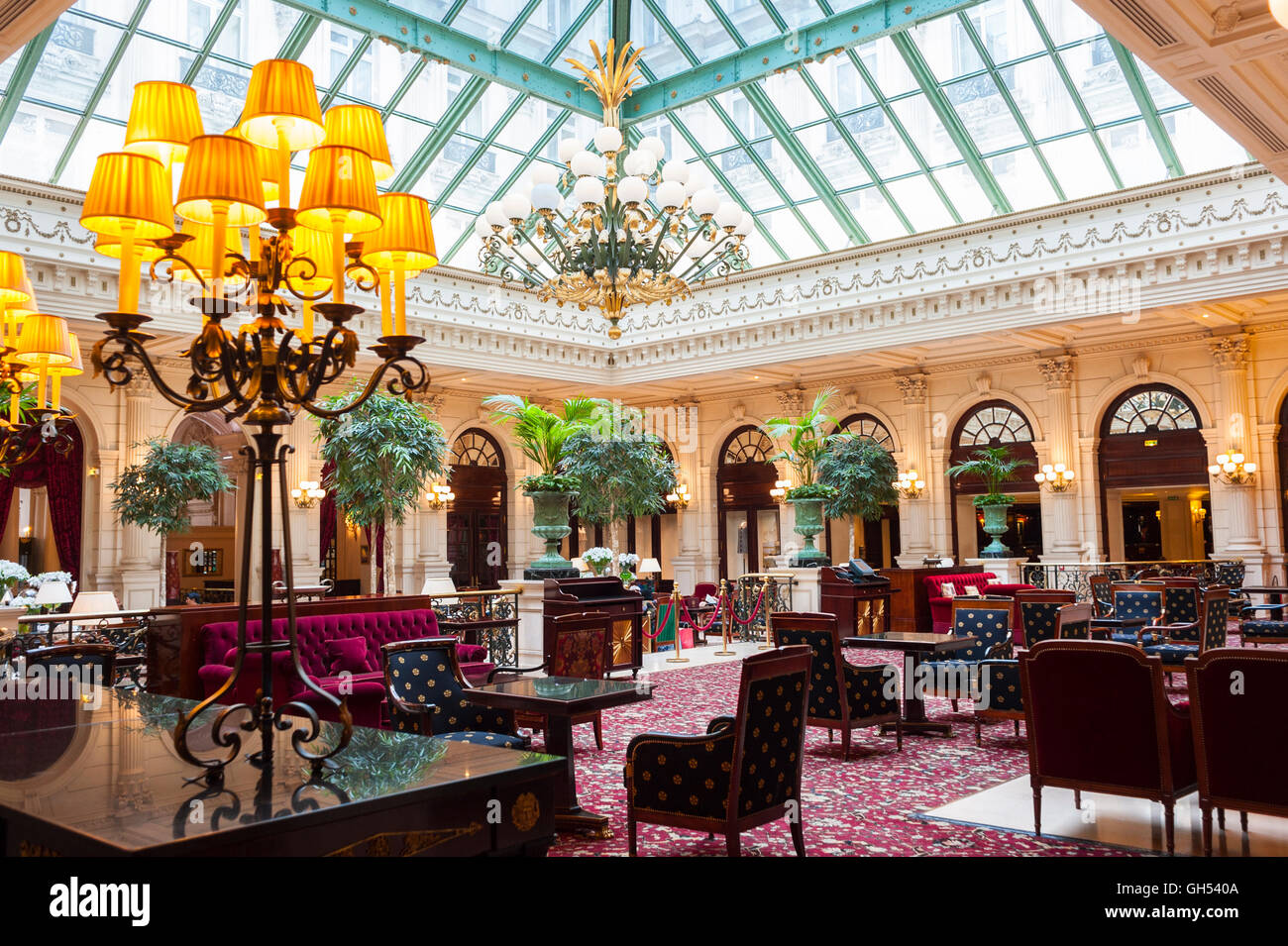 Paris, France, Interior, Bar, Cafe, Lounge Room with Skylight, 'InterContinental Paris Le Grand Hotel'. Ornate Decor with Chandelier, contemporary interiors, Luxury, interior cafe paris Stock Photo