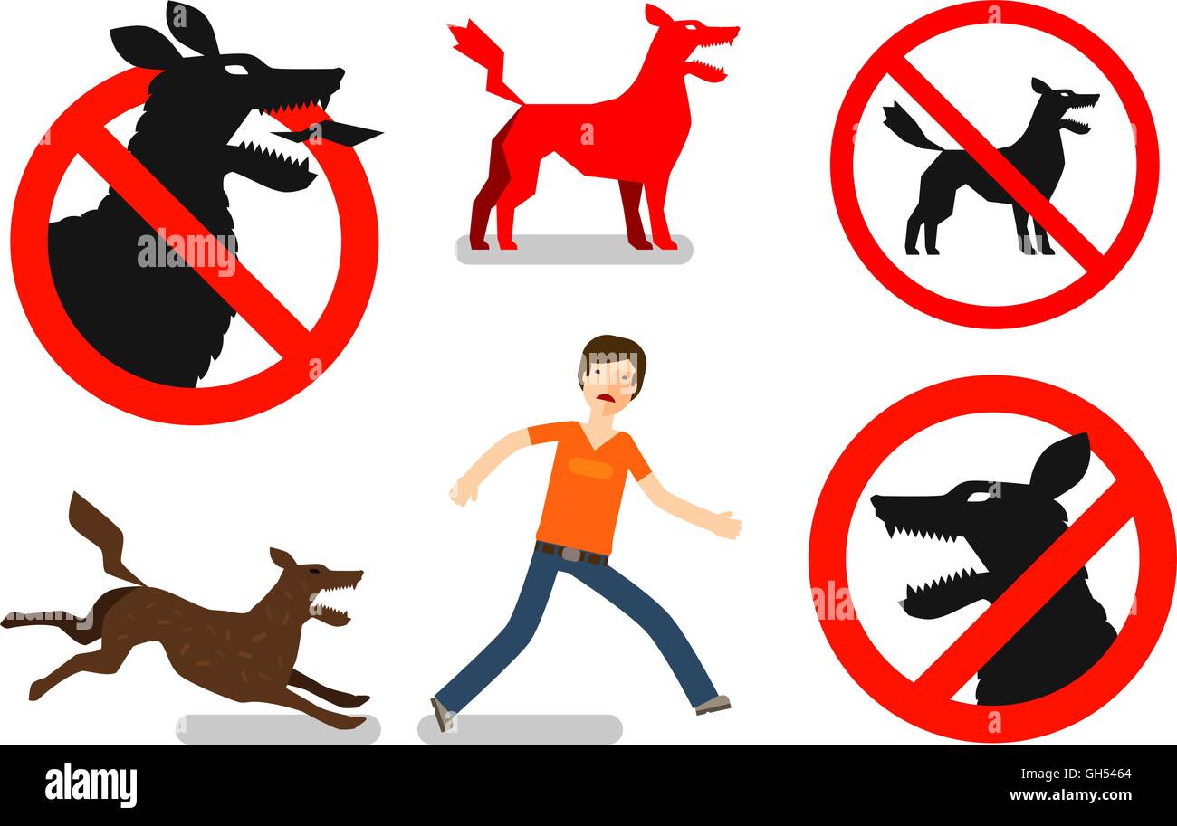 Angry, mad dog. Beware sign. Vector icons set Stock Vector