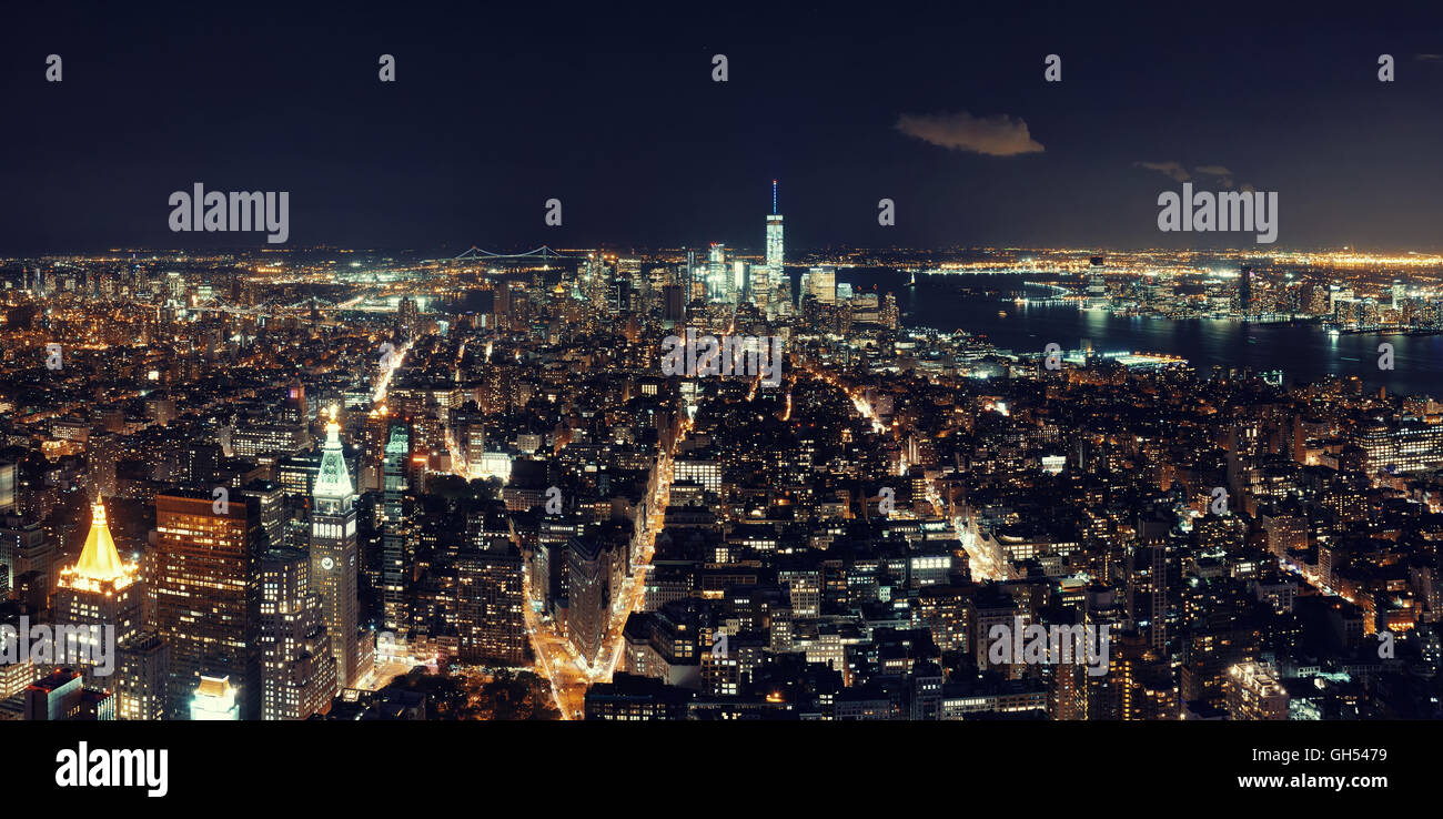 New York City downtown skyline panorama night view Stock Photo - Alamy
