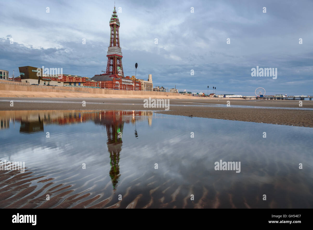 Reflection of Blackpool tower in the pond of water on the beach. Stock Photo