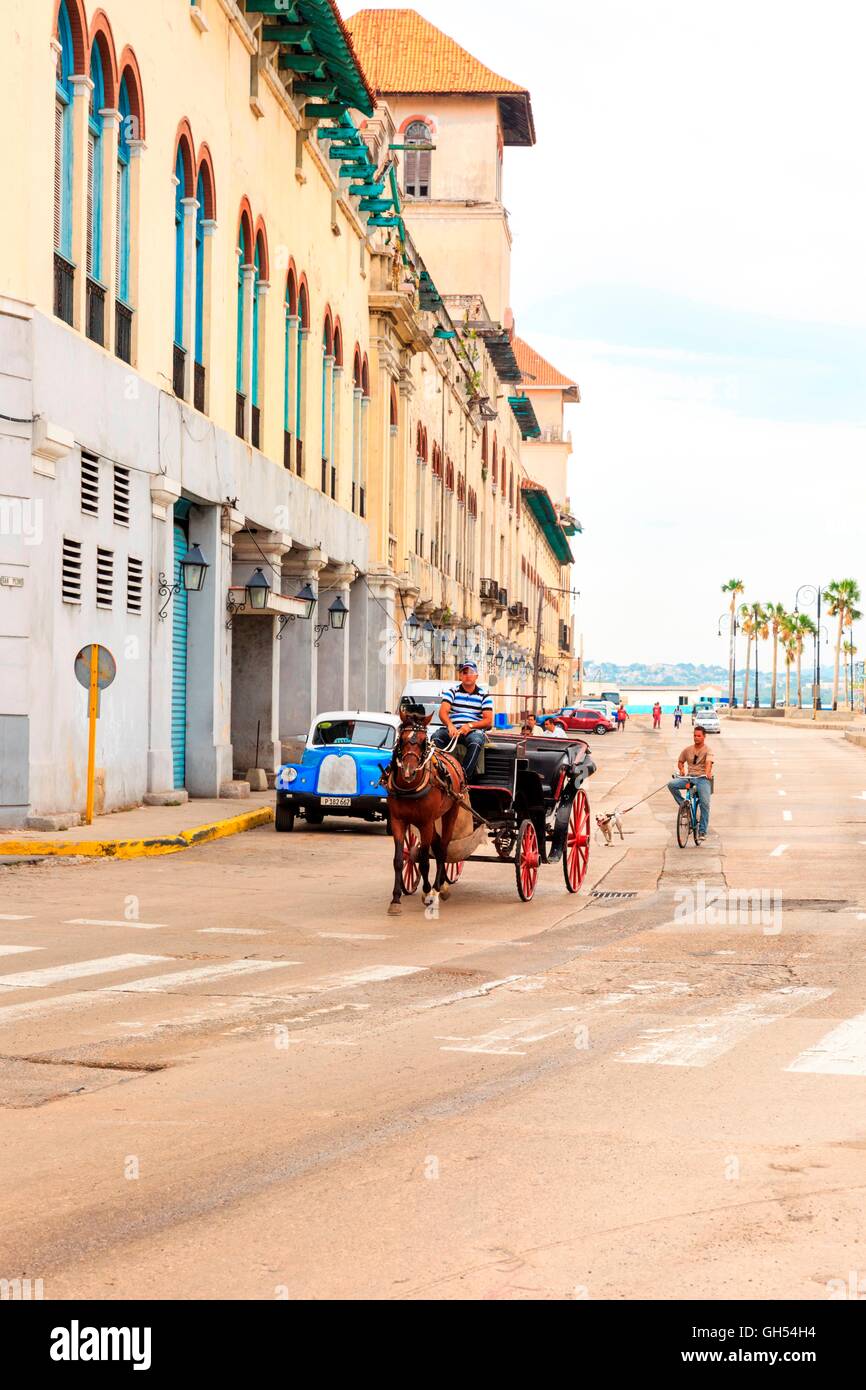 Horse drawn carriage going along Calle San Pedro in Old Havana, Cuba Stock Photo