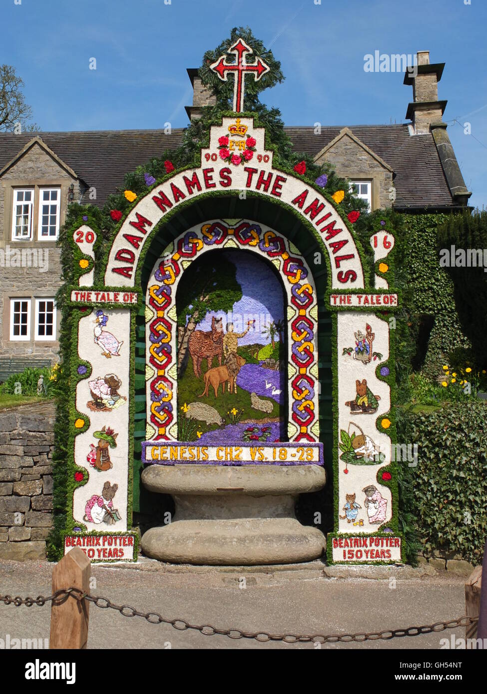 The 2016 well dressing depicting 'Adam Names The Animals' at Hands Well, Tissington, Derbyshire. Stock Photo