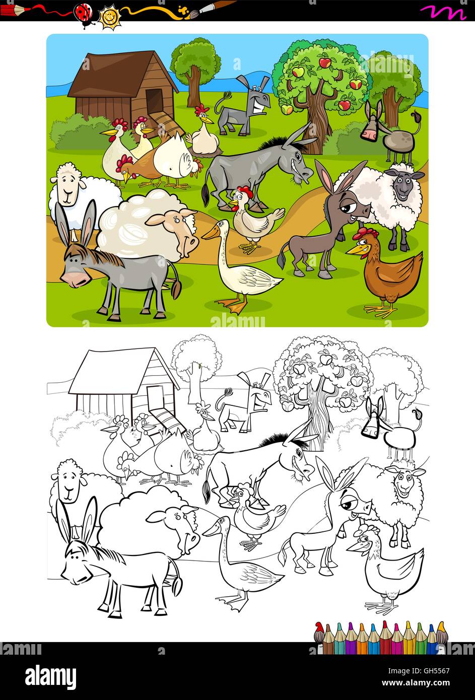 Cartoon Illustration of Funny Farm Animal Characters Coloring Book Stock Vector