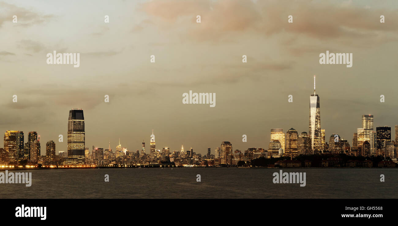New York City downtown skyline panorama at dusk Stock Photo - Alamy