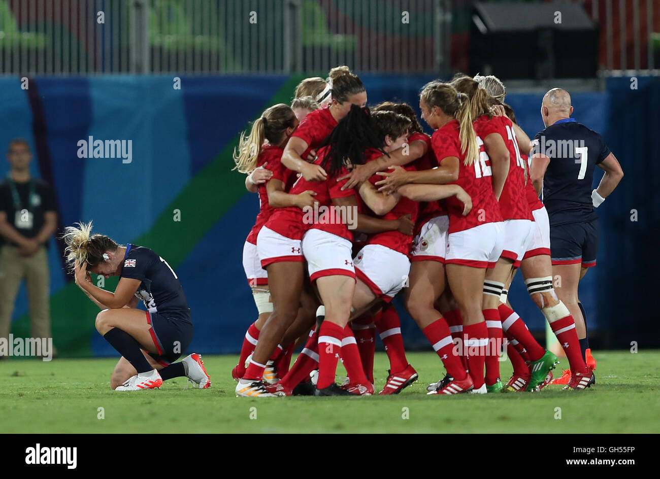 Canada's players celebrate after winning the rugby sevens bronze medal match at the Deodoro Stadium on the third day of the Rio Olympic Games, Brazil. Stock Photo