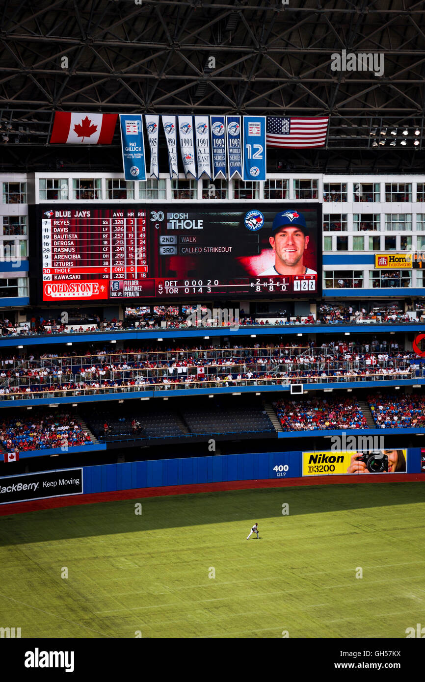 A lone player stands in the outfield as the Toronto Blue Jays play the Detroit Tigers on Canada Day at the Rogers Centre in Toronto, Canada. Stock Photo