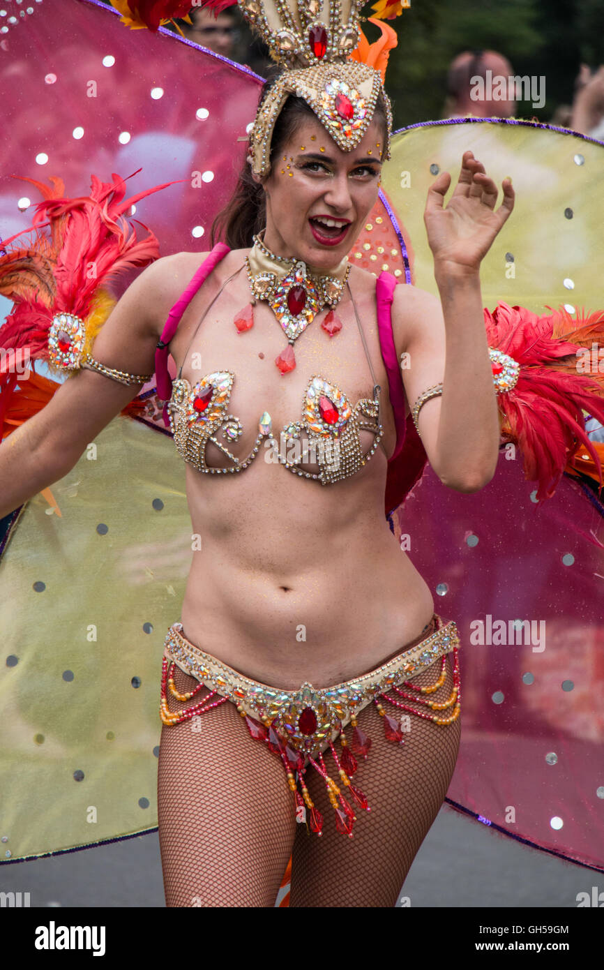 Woman in Brazilian bikini costume taking part in the 2016 Bath Street Carnival, UK Stock Photo
