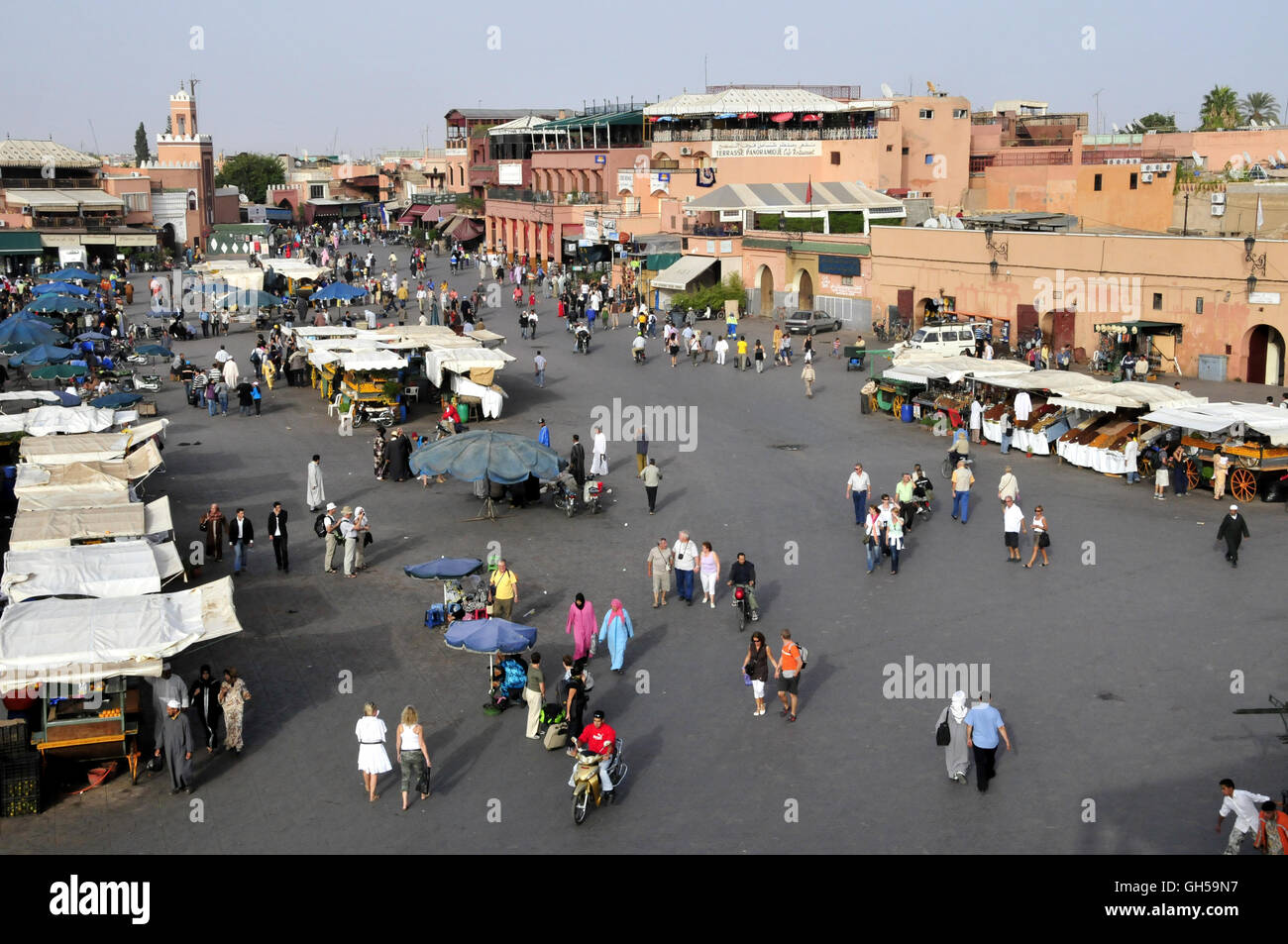 geography / travel, Morocco, view from the patio of the cafe glacier on the Djemma el-Fna (square of the hangs, square of street entertainers), Marrakech, Africa, Additional-Rights-Clearance-Info-Not-Available Stock Photo