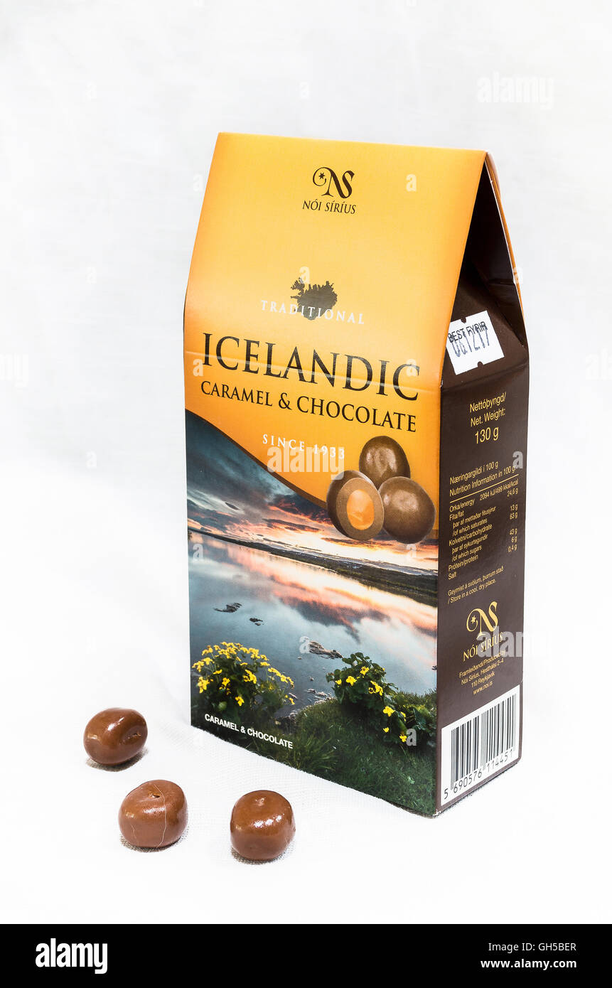 Box of Icelandic chocolates with pictorial view of the island Stock Photo Alamy