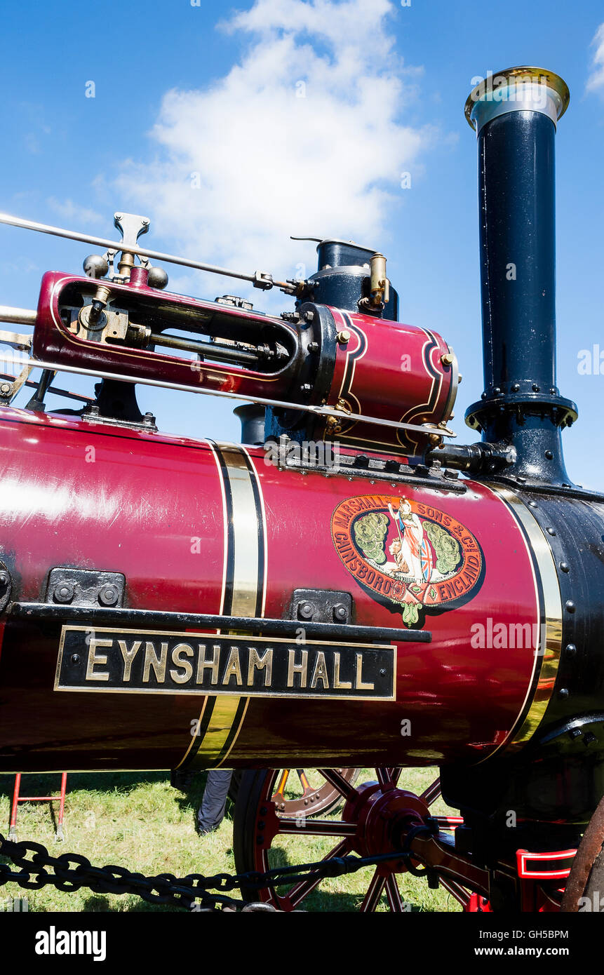 Detail of a Marshall steam traction engine EYNSHAM HALL showing name plate and cylinder Stock Photo