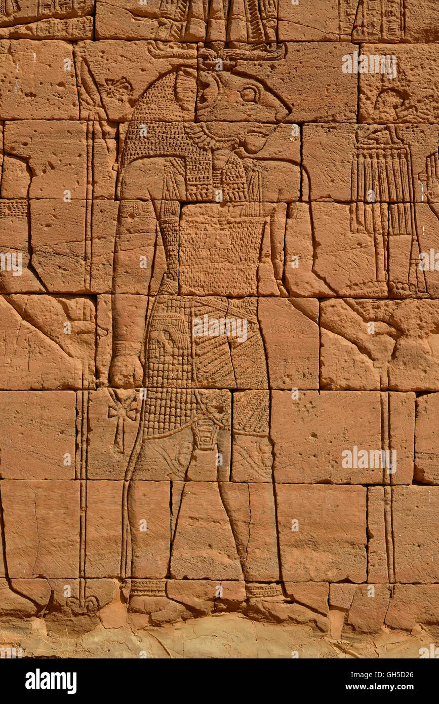 geography / travel, Sudan, relief of the lion-headed god Apedemak at temple of lion, Naga, black Pharaohs, Nubia, Nahr an-Nil, Additional-Rights-Clearance-Info-Not-Available Stock Photo