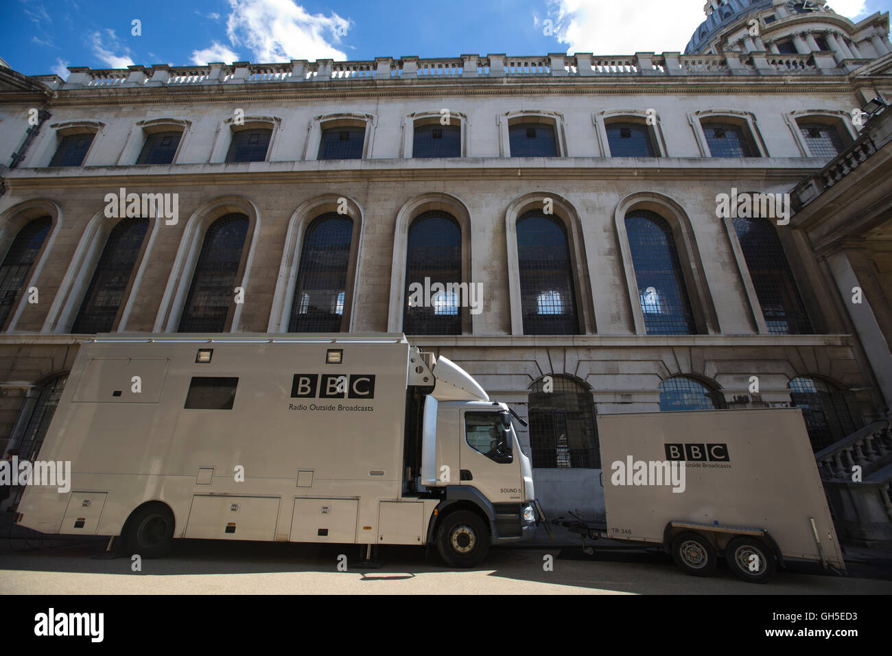 BBC Radio Outside Broadcasts vans parked inside Greenwich National Maritime Museum grounds