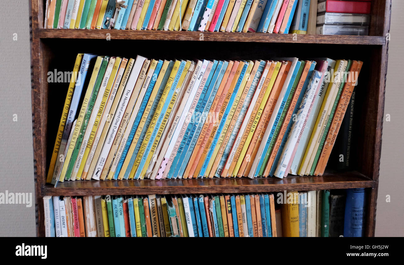 Bookshelf full of Ladybird books for children Stock Photo
