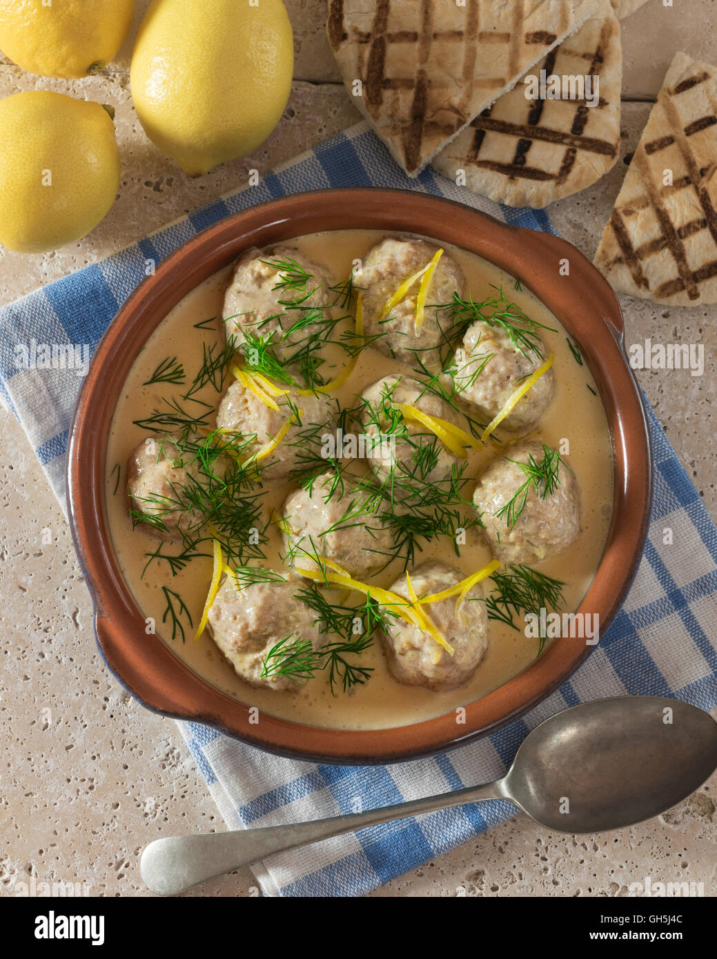 Youvarlakia. Greek meatballs in egg and lemon sauce. Greece Food Stock ...