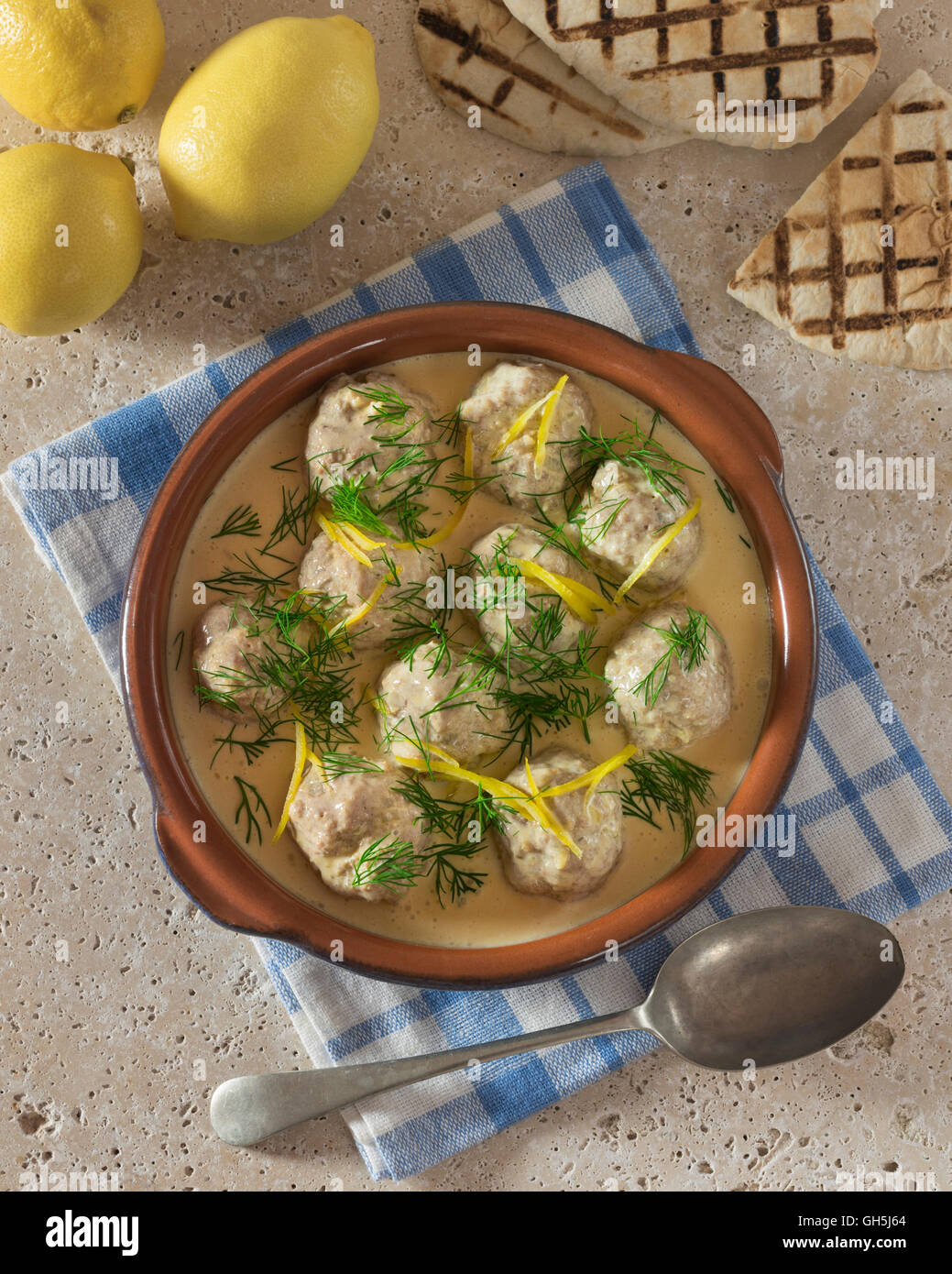 Youvarlakia. Greek meatballs in egg and lemon sauce. Greece Food Stock