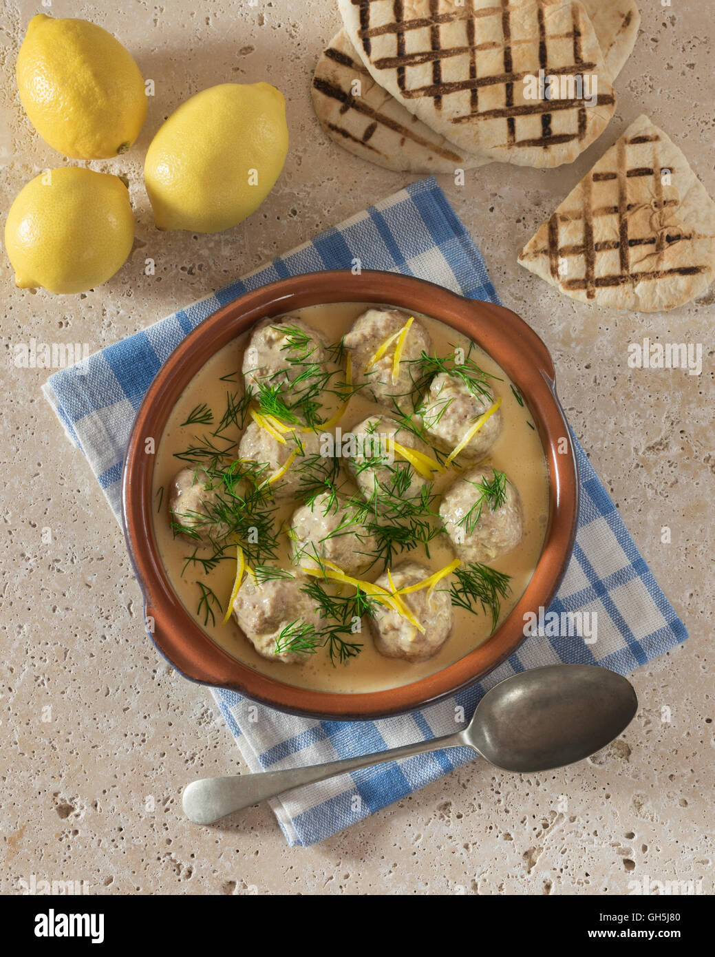 Youvarlakia. Greek meatballs in egg and lemon sauce. Greece Food Stock