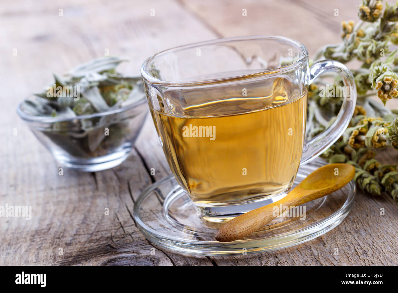 Mountain tea. Sideritis herbal tea and flowers on wooden background,selective focus Stock Photo