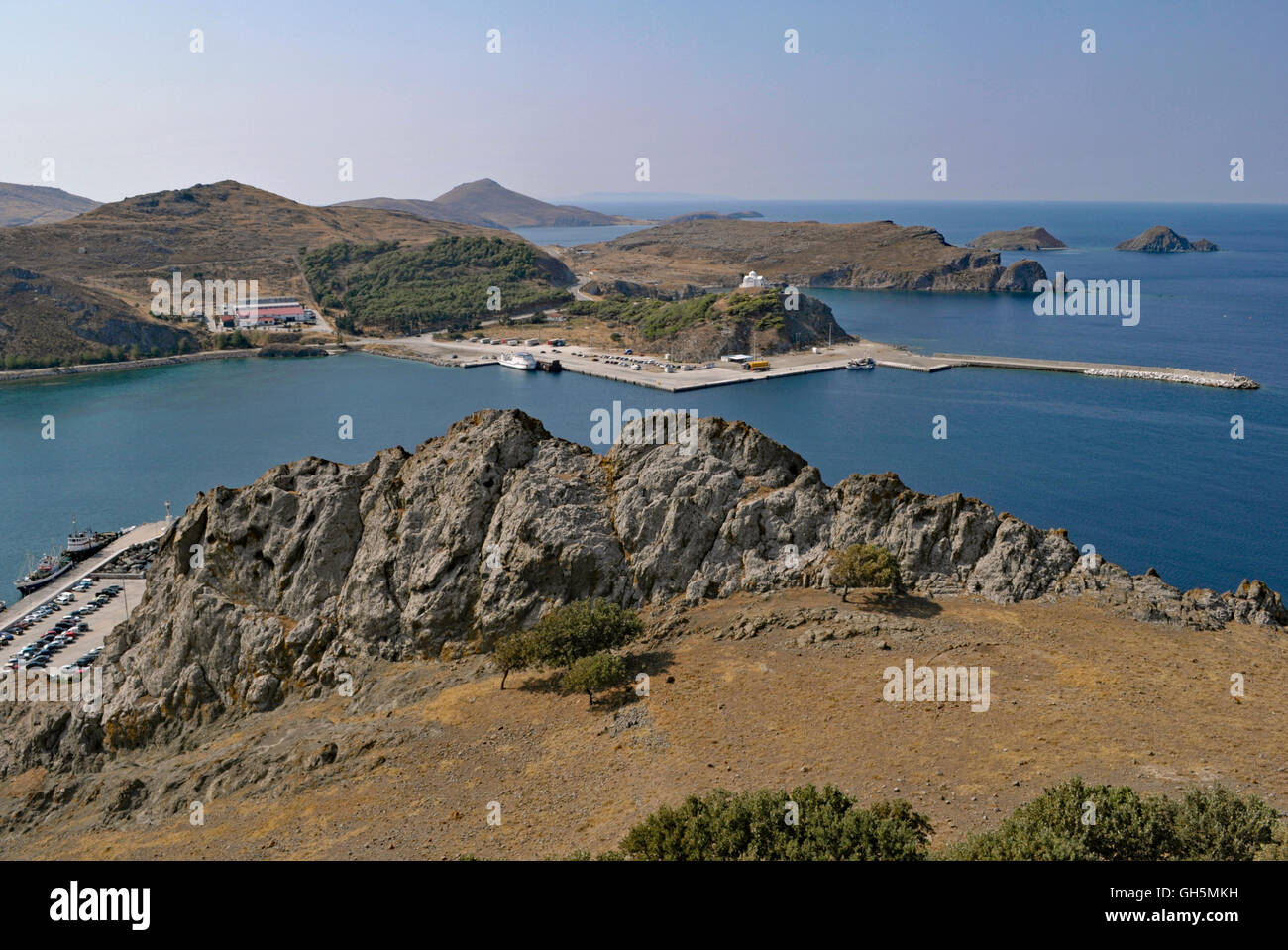 view of Tourkikos bay and Myrina main harbour, Lemnos Island, Greece Stock Photo