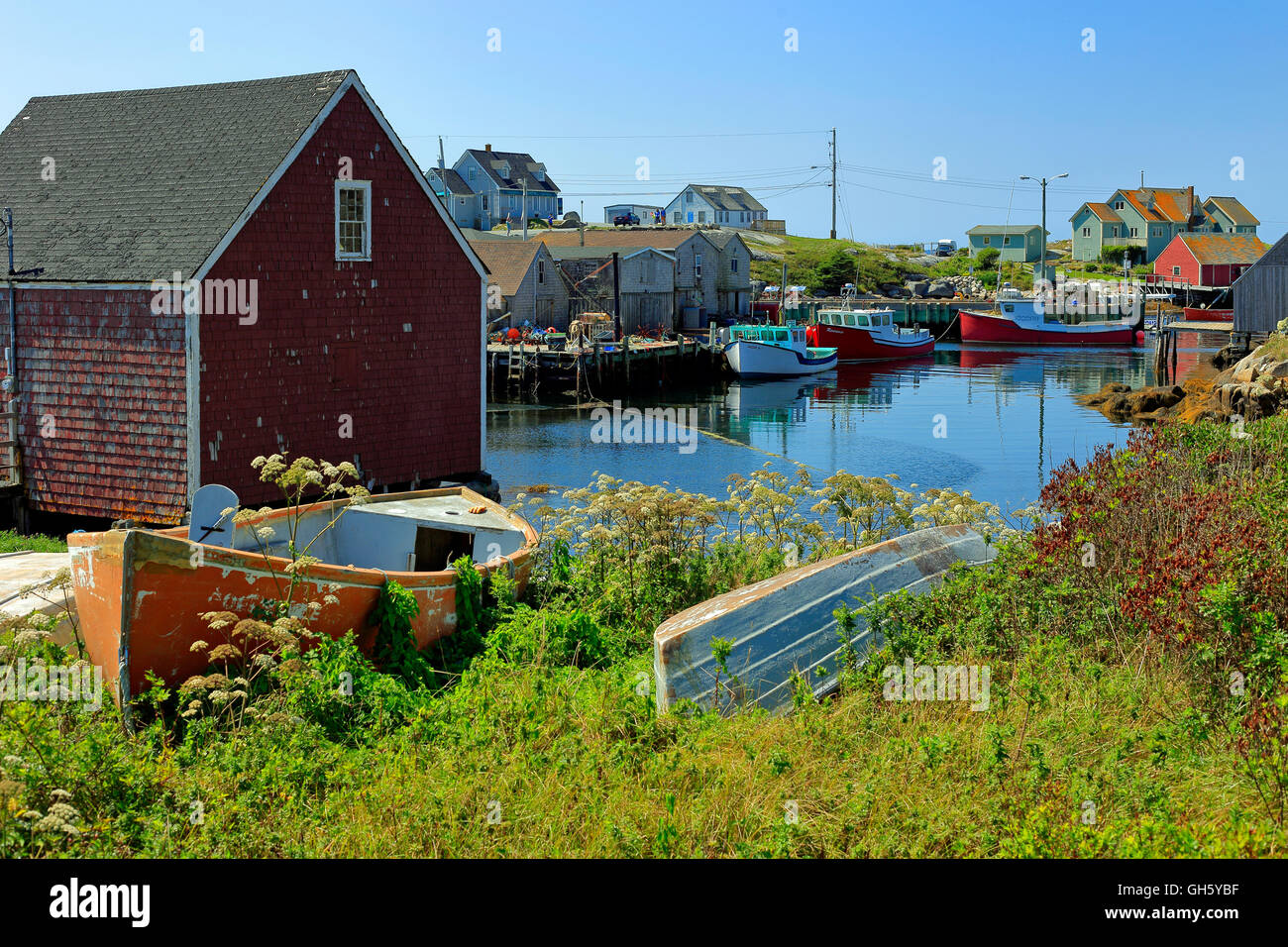 Peggy's Cove, Nova Scotia, Canada showing fish shacks and lobster boats