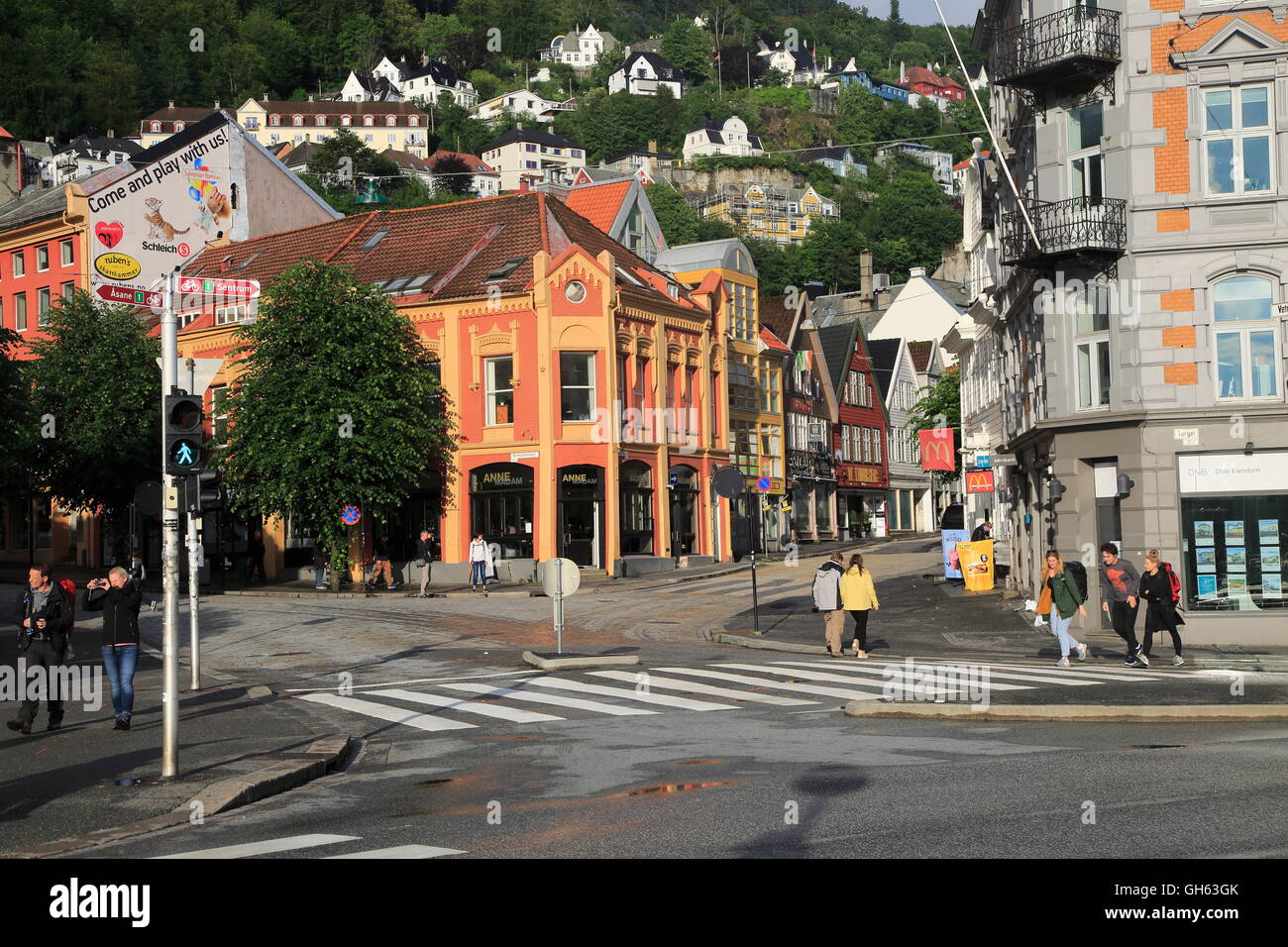 Historic buildings city centre, Kong Oscars gate street, Bergen, Norway ...