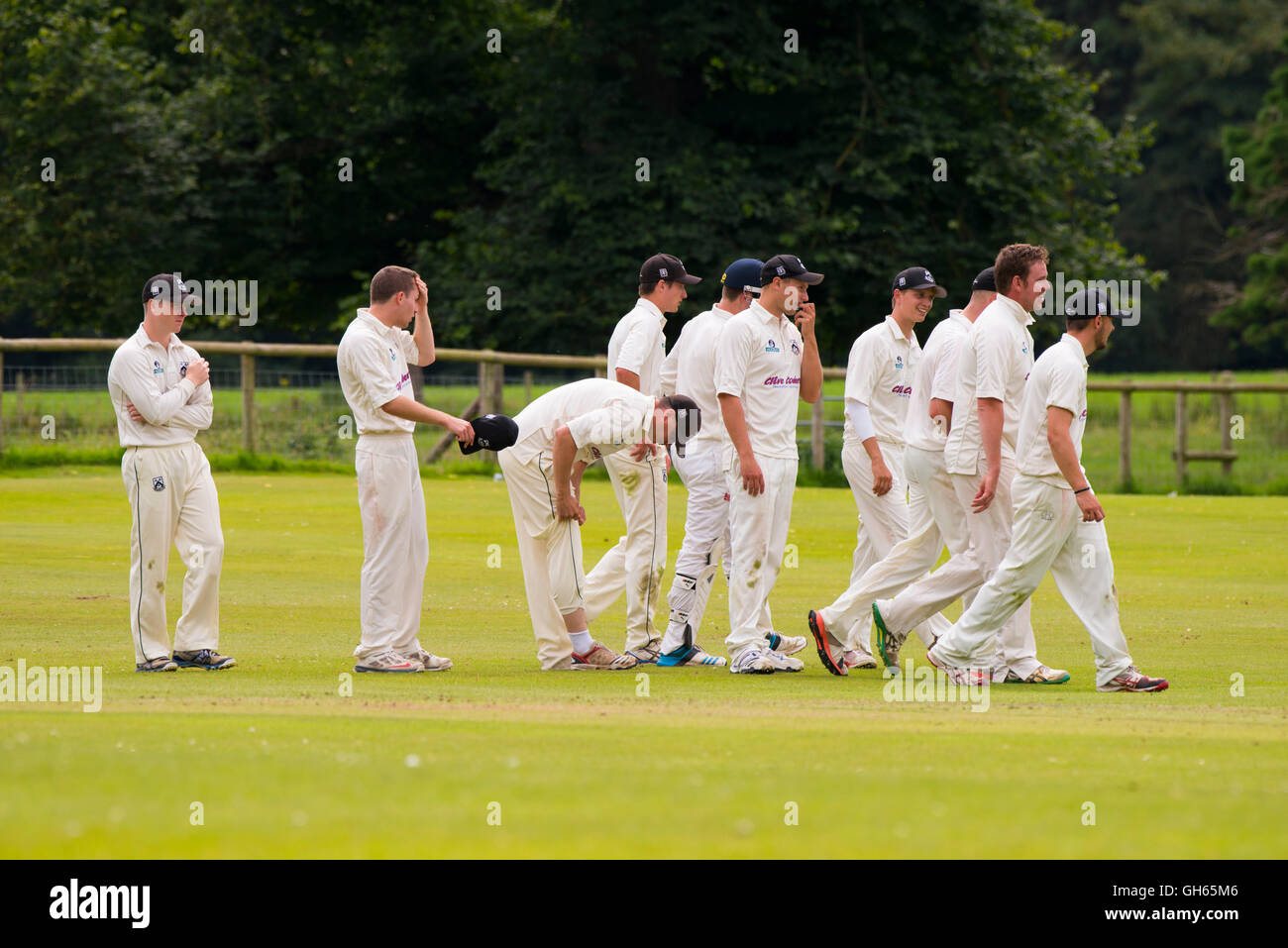 Worfield Cricket Club players during a match against Streetly Cricket Club at Davenport Park, Shropshire, England, UK. Stock Photo