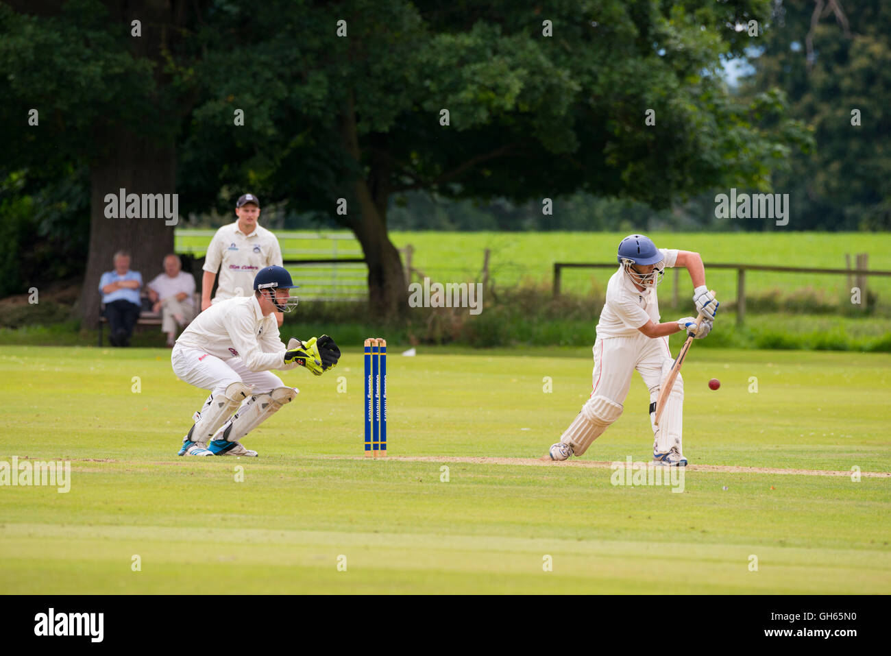 Streetly Cricket Club bowling against Worfield at Davenport Park, Shropshire, England, UK. Stock Photo