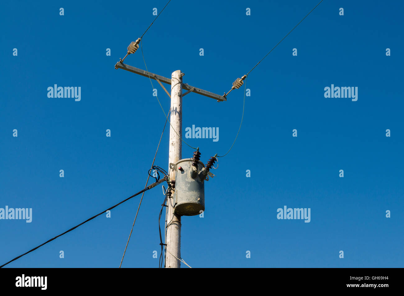 11kv two phase electricity supply cables and a step down transformer on a wooden pole. Stock Photo