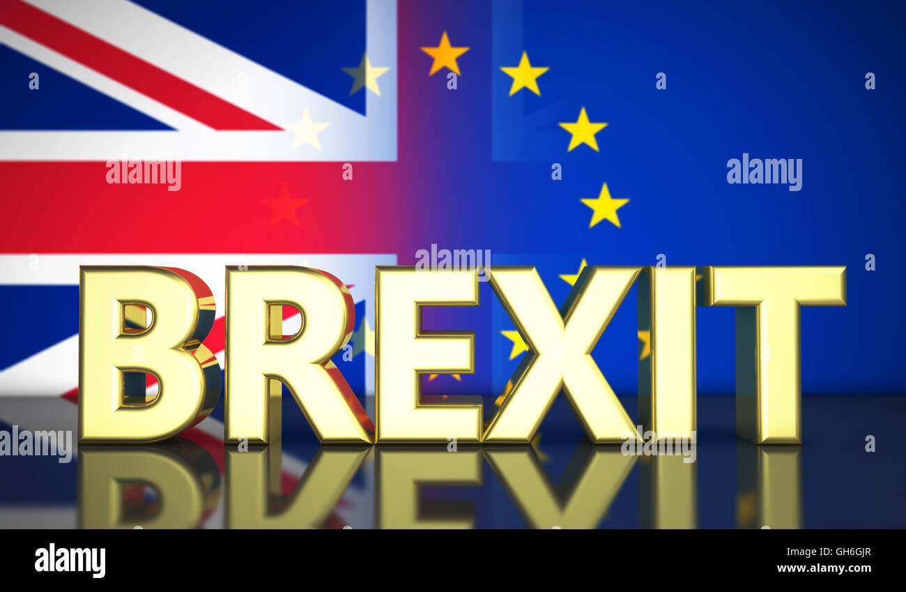 Brexit British referendum UK concept with golded sign and Union Jack and EU flag on background. Stock Photo