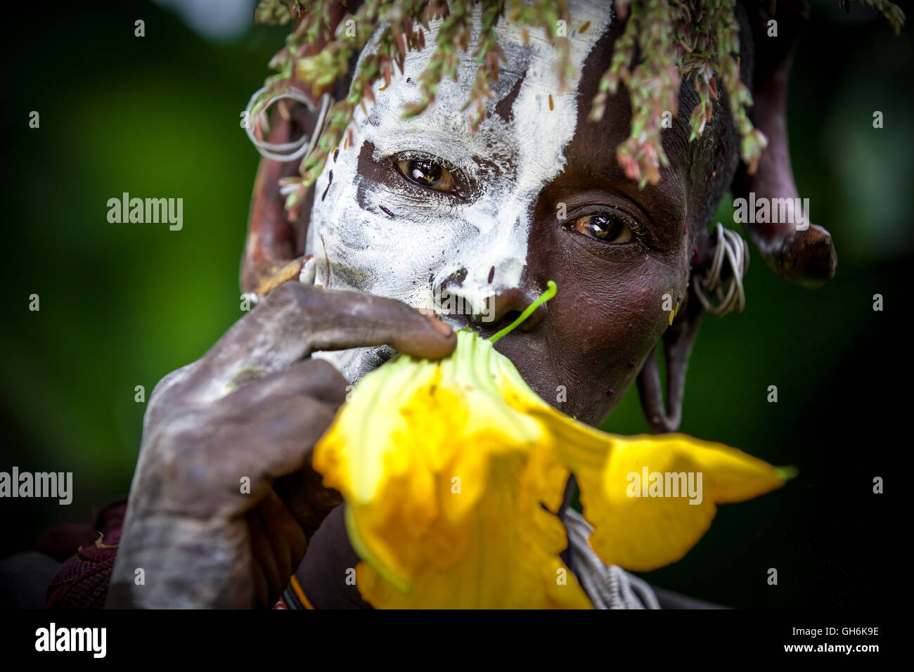 Woman from Suri tribe with traditional bodypainting in Ethiopia Stock Photo