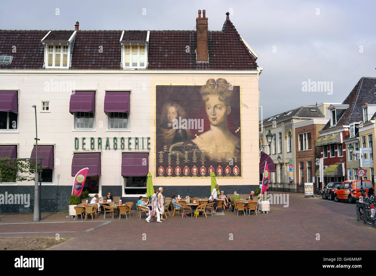 Streetart in Leeuwarden. Painting of Landgravine Marie Louise of Hesse-Kassel and the genealogical tree of the European Royals. Stock Photo