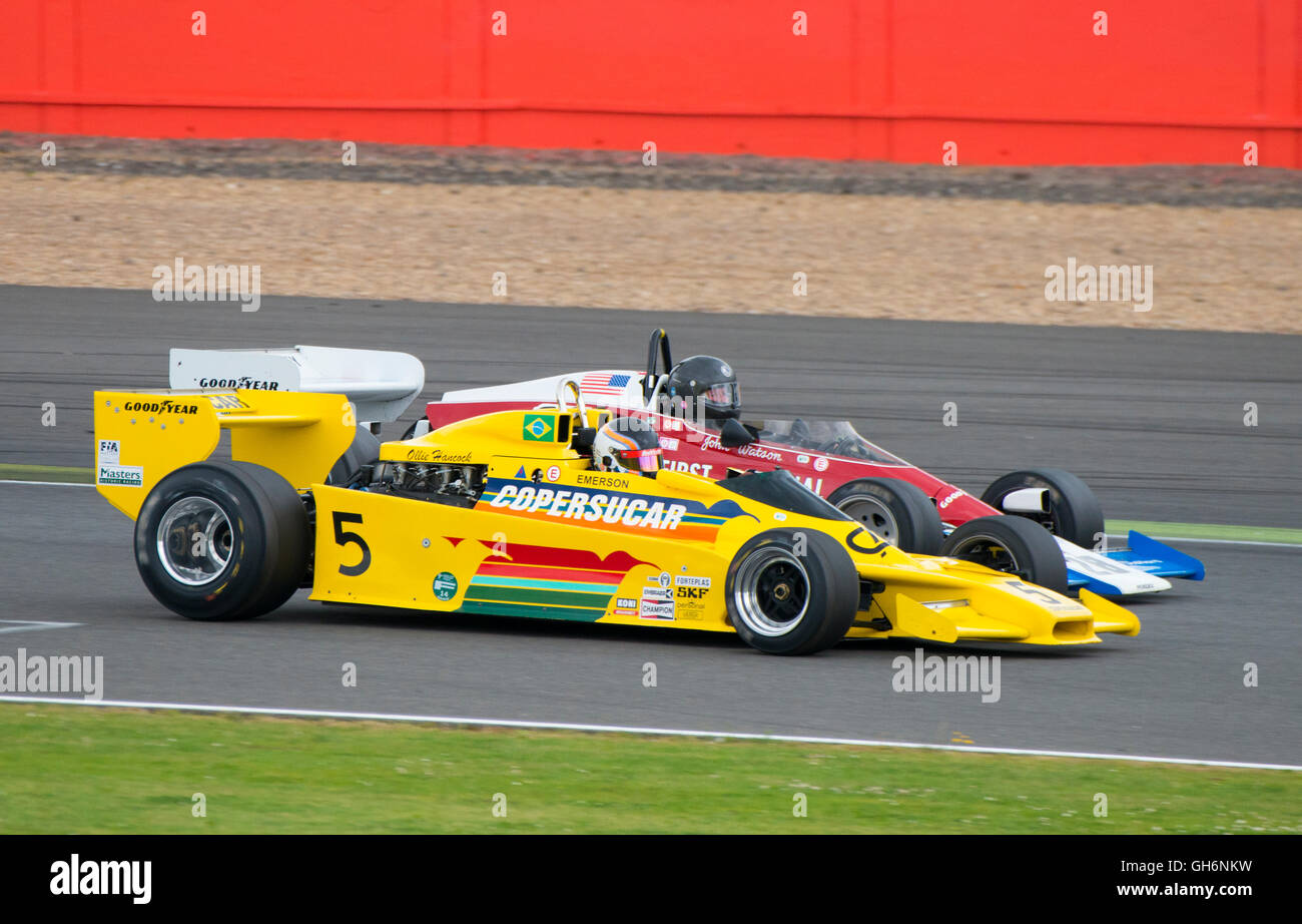 Ollie Hancock, Fittipaldi F5A and Doug Mockett, Penske PC3, FIA Masters Historic Formula 1 race, 2016 Silverstone Classic. Stock Photo