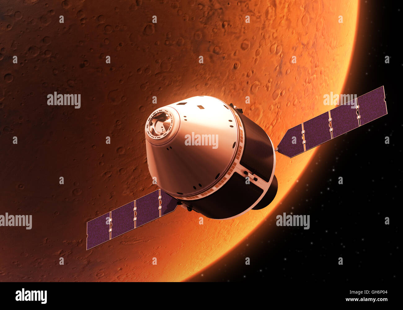 Spacecraft Orbiting Red Planet. Realistic 3D Illustration. Stock Photo