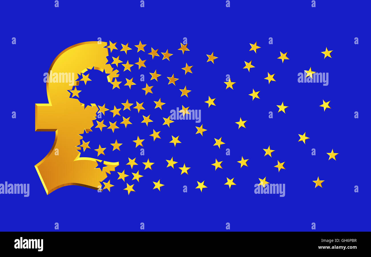 Pound Sterling Sign Falling Apart To Gold Stars Over Blue Background.. 3D Illustration. Stock Photo