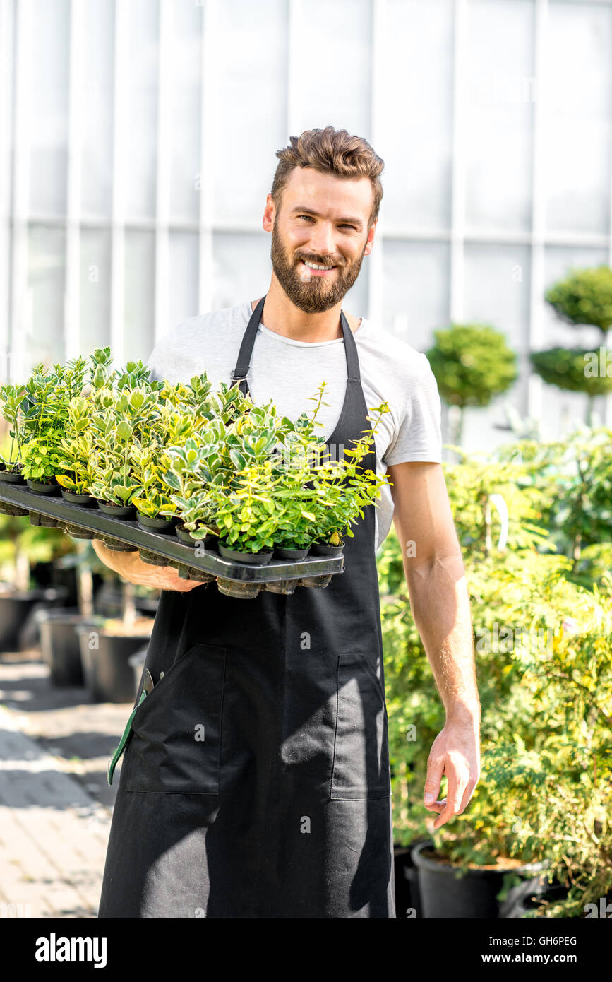 Gardener holding pots with plants Stock Photo - Alamy