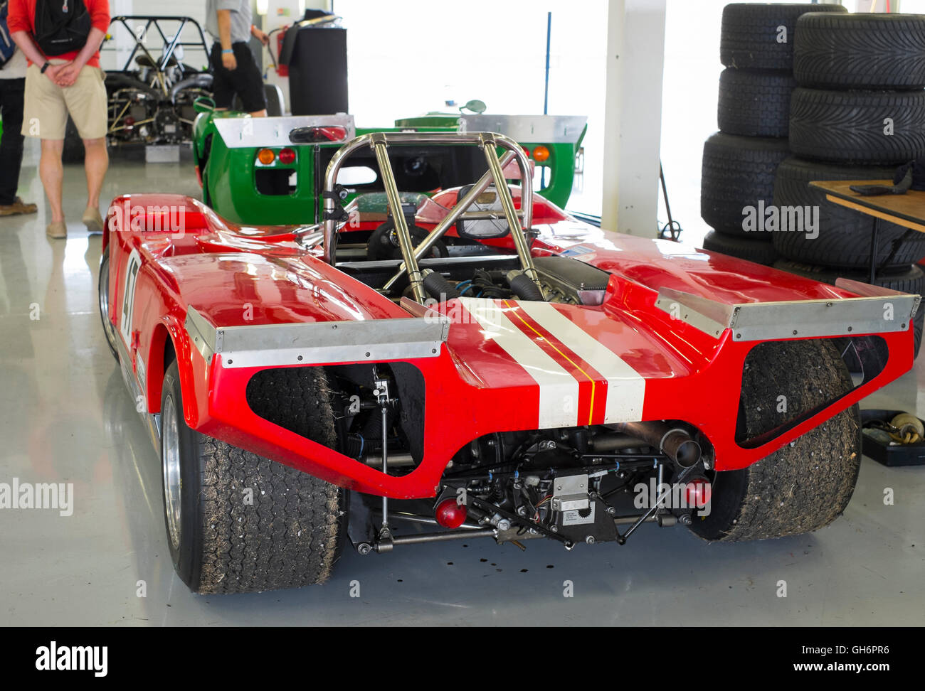 A Lola T10 sports car in the pits at 2016 Silverstone Classic event, England, UK Stock Photo
