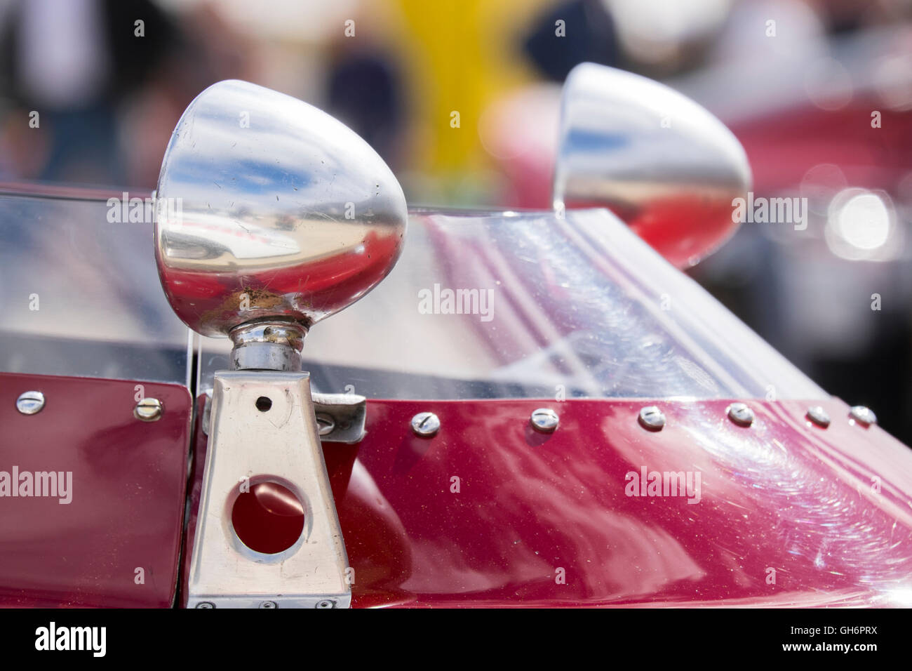 Rear view mirrors on the cockpit of a classic Lotus sports racing car, Silverstone Classic event, UK Stock Photo