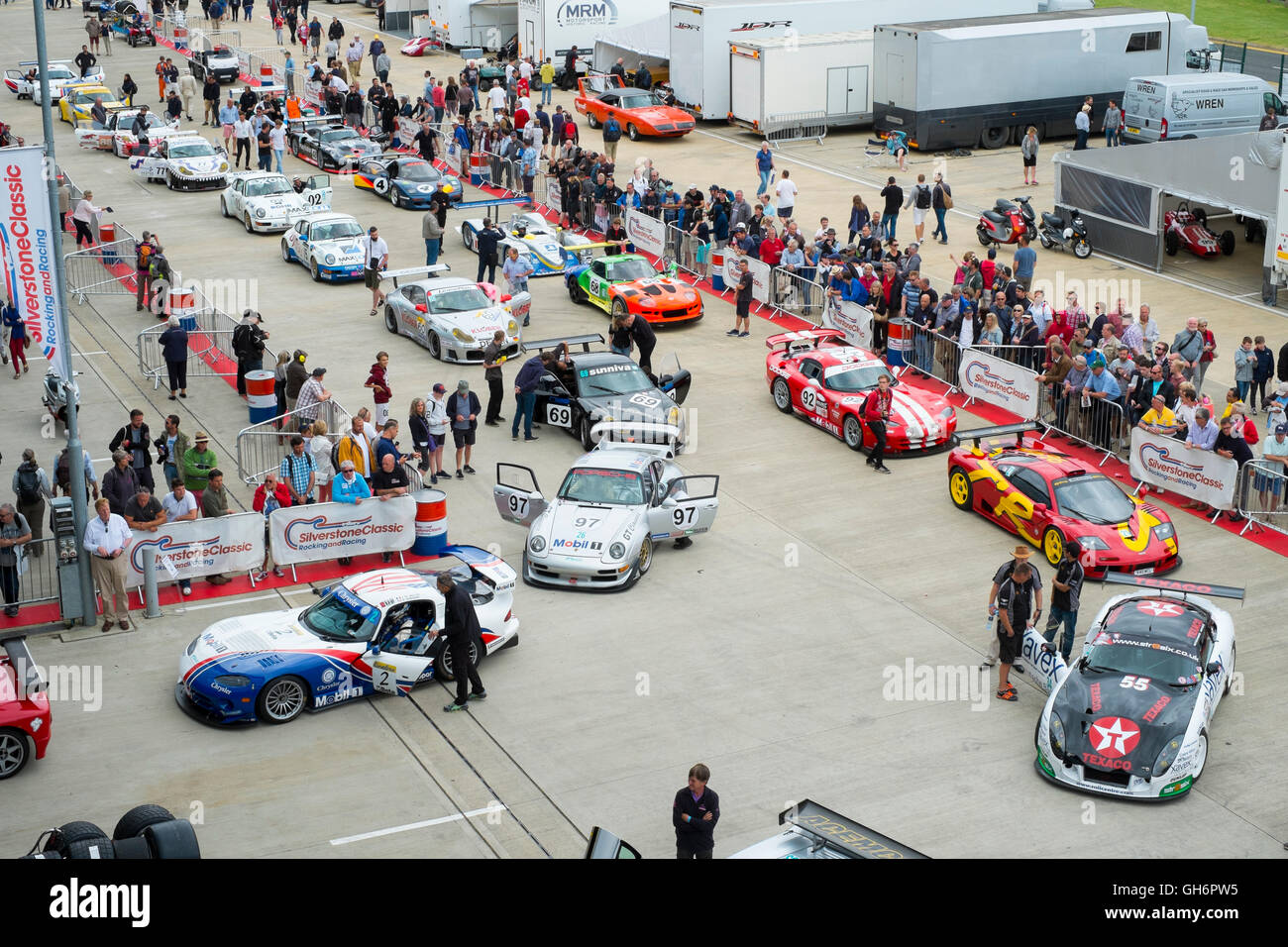 Sports racing cars lined up in the paddock at the annual Silverstone Classic 2016 event, England, UK Stock Photo