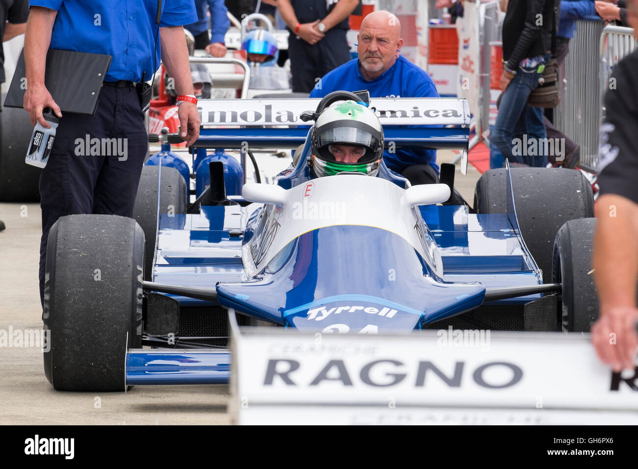 Mike Cantillon, Tyrrell 010 in the paddock, FIA Masters Historic Formula 1 race, 2016 Silverstone Classic event, England, UK Stock Photo