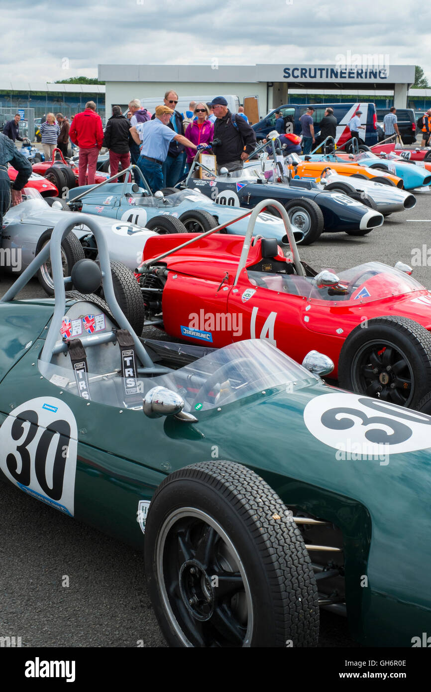 Formula Junior racing cars lined up in the paddock at,2016 Silverstone Classic event, England, UK Stock Photo