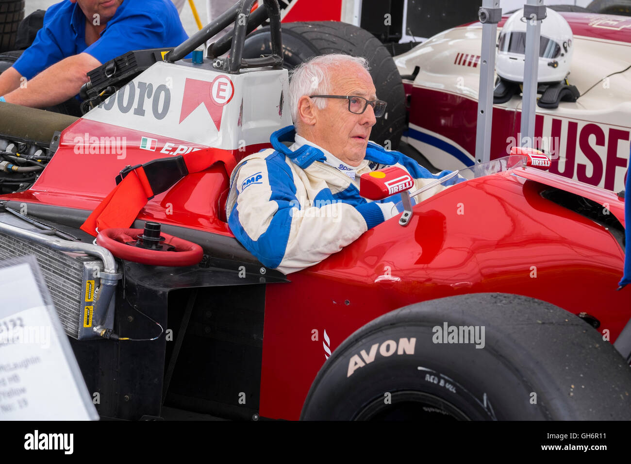 Terry Sales in the cockpit of his Dallara BMS-F191 Formula One car at 2016 Silverstone Classic event, UK Stock Photo