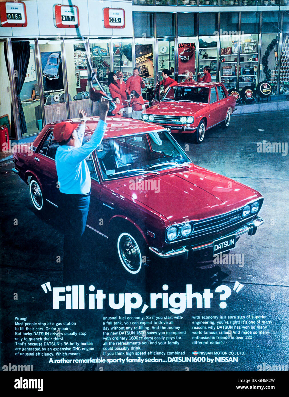 1970s magazine advertisement advertising the Datsun 1600 car. Stock Photo