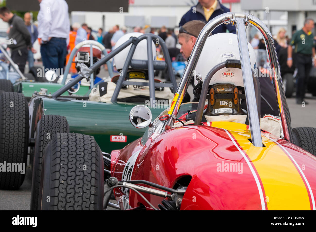 Formula Junior racing cars lined up in the paddock at the 2016 Silverstone Classic event, England, UK Stock Photo