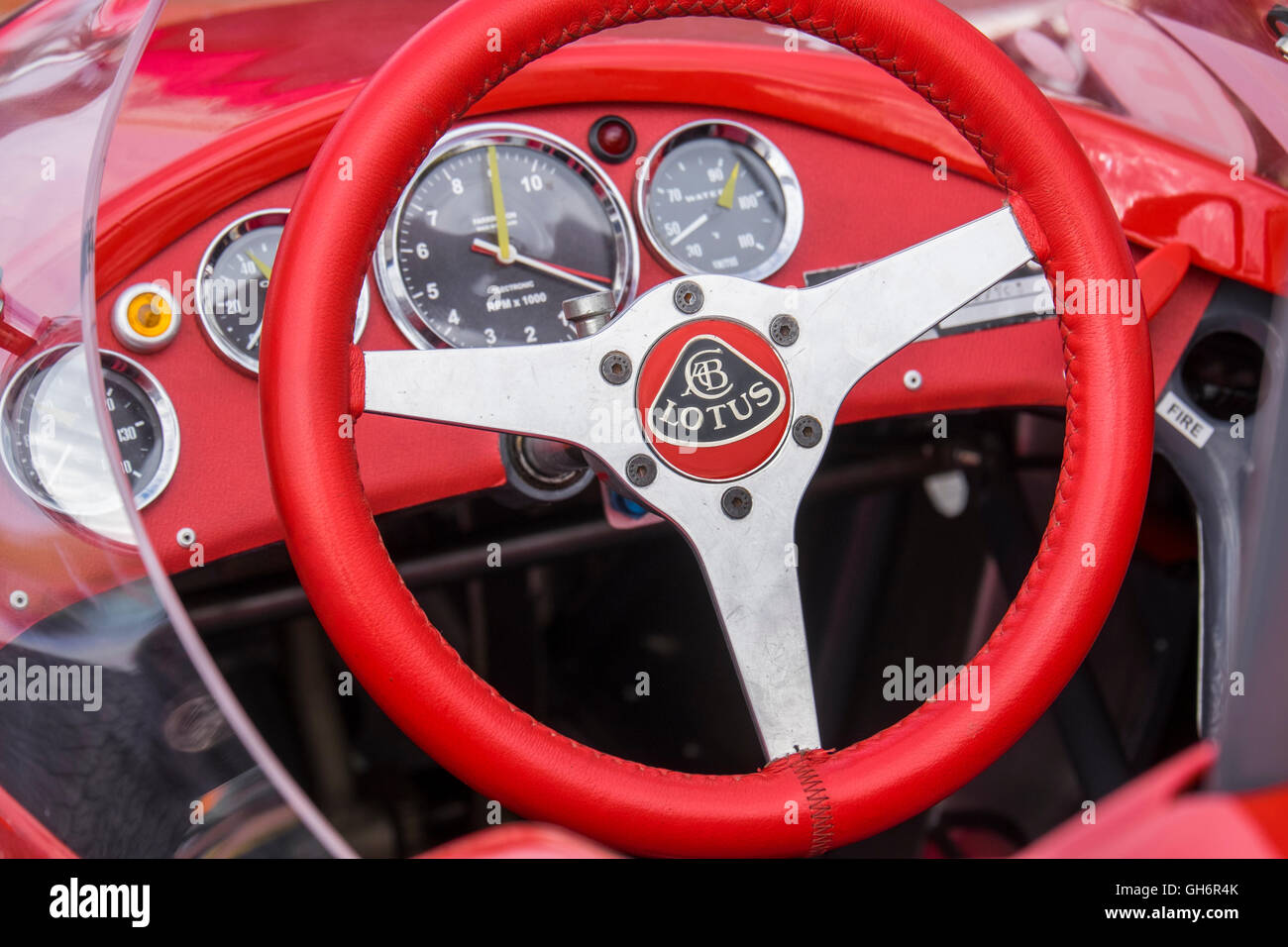 Cockpit of a  Lotus 20 Formula Junior racing car at the 2016 Silverstone Classic event, England, UK Stock Photo