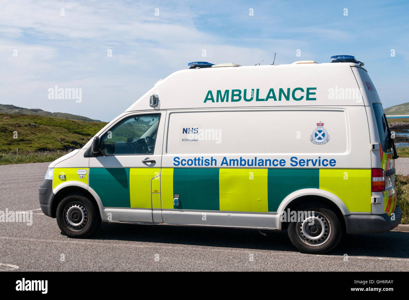 A NHS Scotland ambulance of the Scottish Ambulance Service on the island of Barra in the Outer Hebrides. Stock Photo