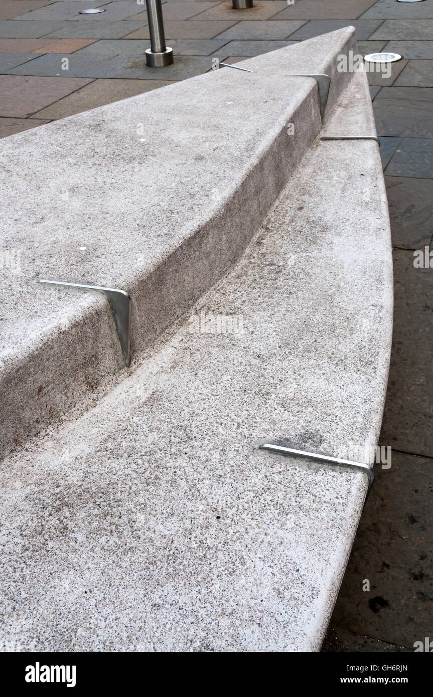 Anti-skateboard devices fitted to concrete seating / ram raid barriers outside the Scottish parliament in Edinburgh. Stock Photo