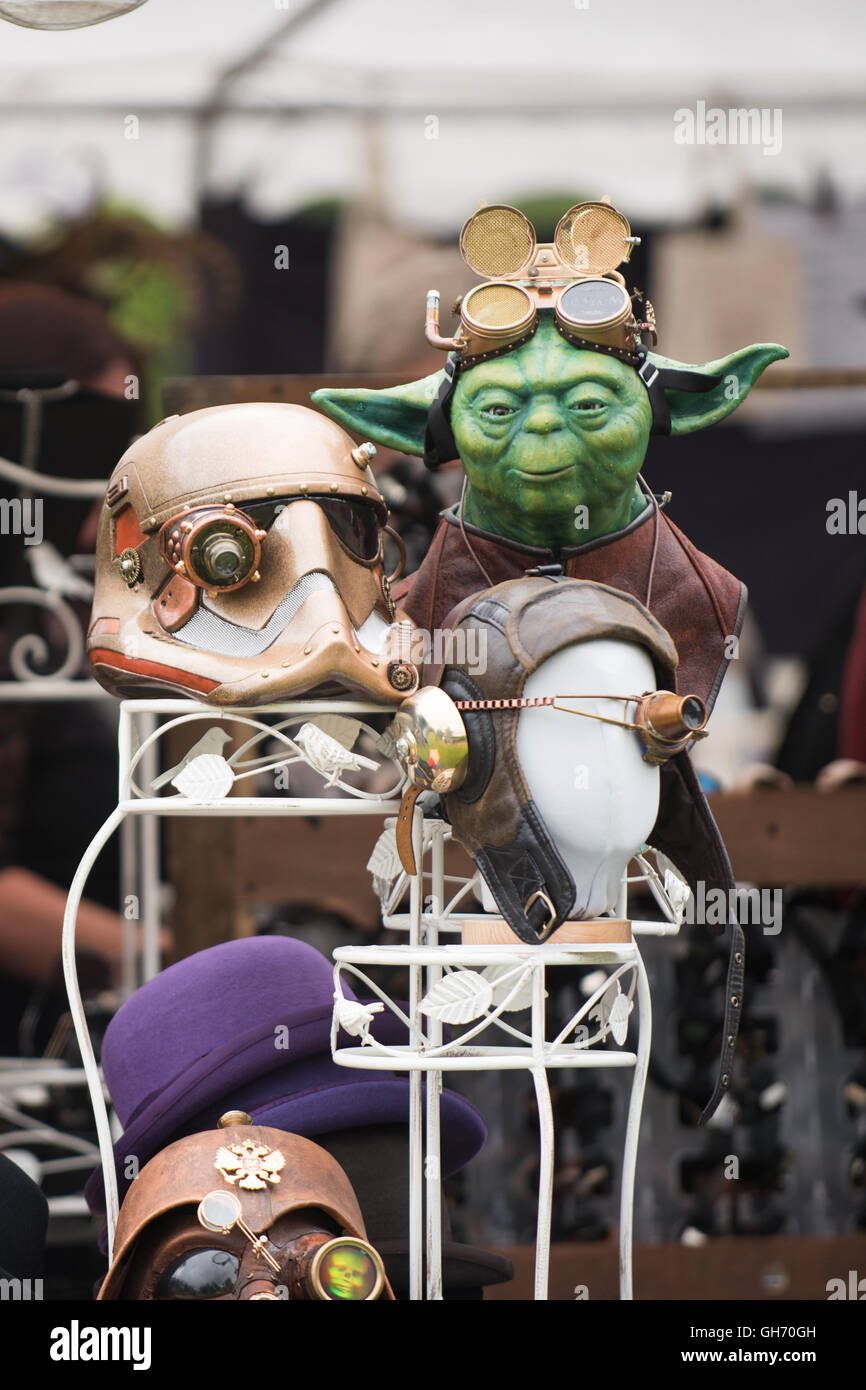Yoda, star trooper and other steam punk star wars headgear on a stall at papplewick pumping stations steam punk event Stock Photo